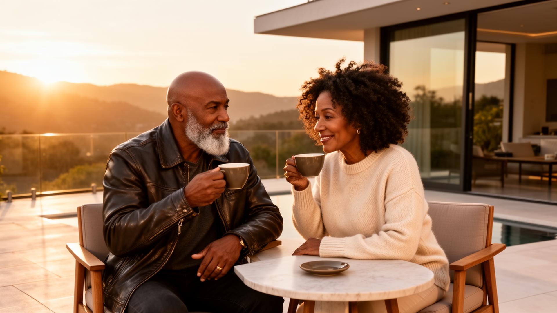 Woman enjoying coffee on a sunny patio